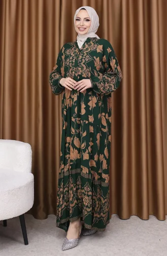 فستان بأكمام منفوخة ومنقوش بالزهور 5574-04 أخضر زمردي 5574-04