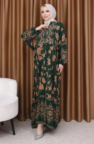 فستان بأكمام منفوخة ومنقوش بالزهور 5574-04 أخضر زمردي 5574-04