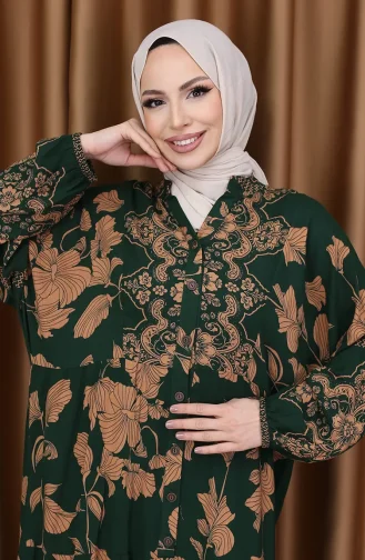 فستان بأكمام منفوخة ومنقوش بالزهور 5574-04 أخضر زمردي 5574-04