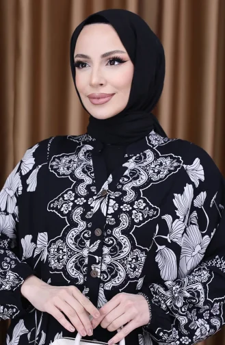 Balon Kol Çiçek Desenli Elbise 5574-05 Siyah Ekru