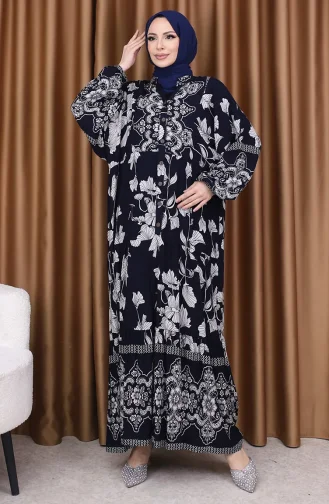 فستان بأكمام منفوخة ومنقوش بالزهور 5574-07 أزرق داكن 5574-07
