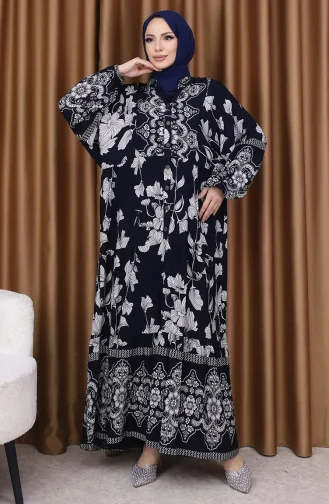 فستان بأكمام منفوخة ومنقوش بالزهور 5574-07 أزرق داكن 5574-07