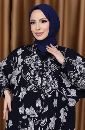 فستان بأكمام منفوخة ومنقوش بالزهور 5574-07 أزرق داكن 5574-07