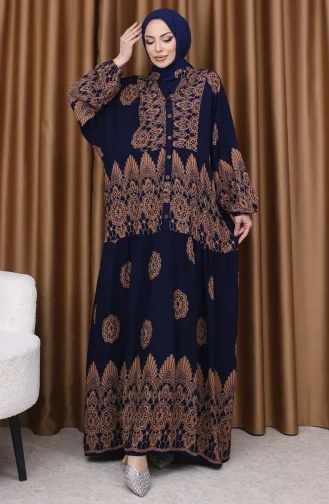 Kleid Mit Ballonärmeln Und Kachelmuster 5575-01 Dunkelblau 5575-01