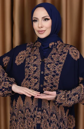 Kleid Mit Ballonärmeln Und Kachelmuster 5575-01 Dunkelblau 5575-01