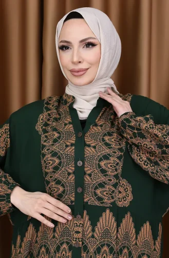 Robe à Manches Ballon Motif Carreaux 5575-03 Vert émeraude 5575-03