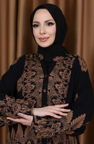 Kleid Mit Ballonärmeln Und Kachelmuster 5575-05 Schwarz 5575-05