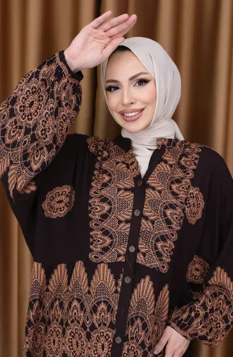 Robe à Manches Ballon Et Motif Carreaux 5575-06 Marron 5575-06