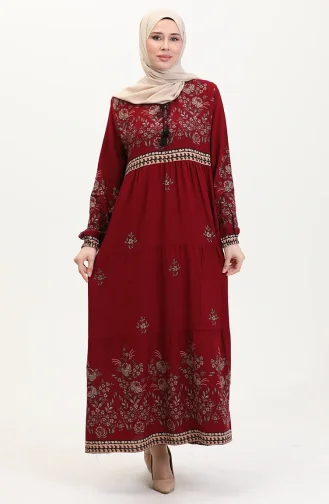 Büyük Beden Çiçek Desenli Viskon Elbise 4084-09 Bordo