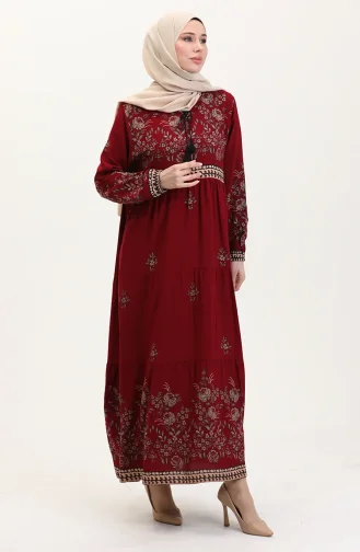 Büyük Beden Çiçek Desenli Viskon Elbise 4084-09 Bordo