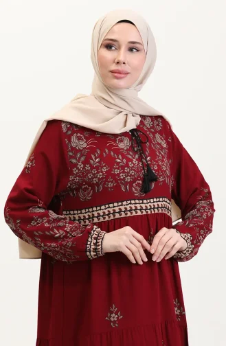 Büyük Beden Çiçek Desenli Viskon Elbise 4084-09 Bordo