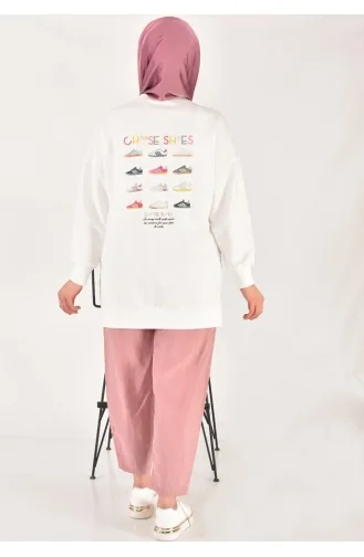 Puane İki İplik Kumaş Ayakkabı Baskılı Tesettür Sweatshirt 20614-03 Ekru