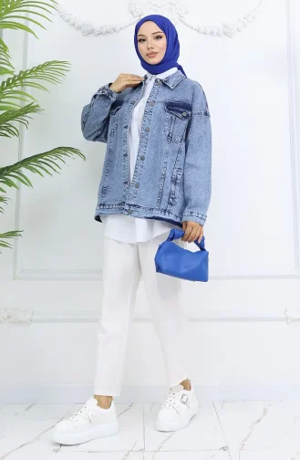 Oversize Kot Ceket 6327-03 Mavi