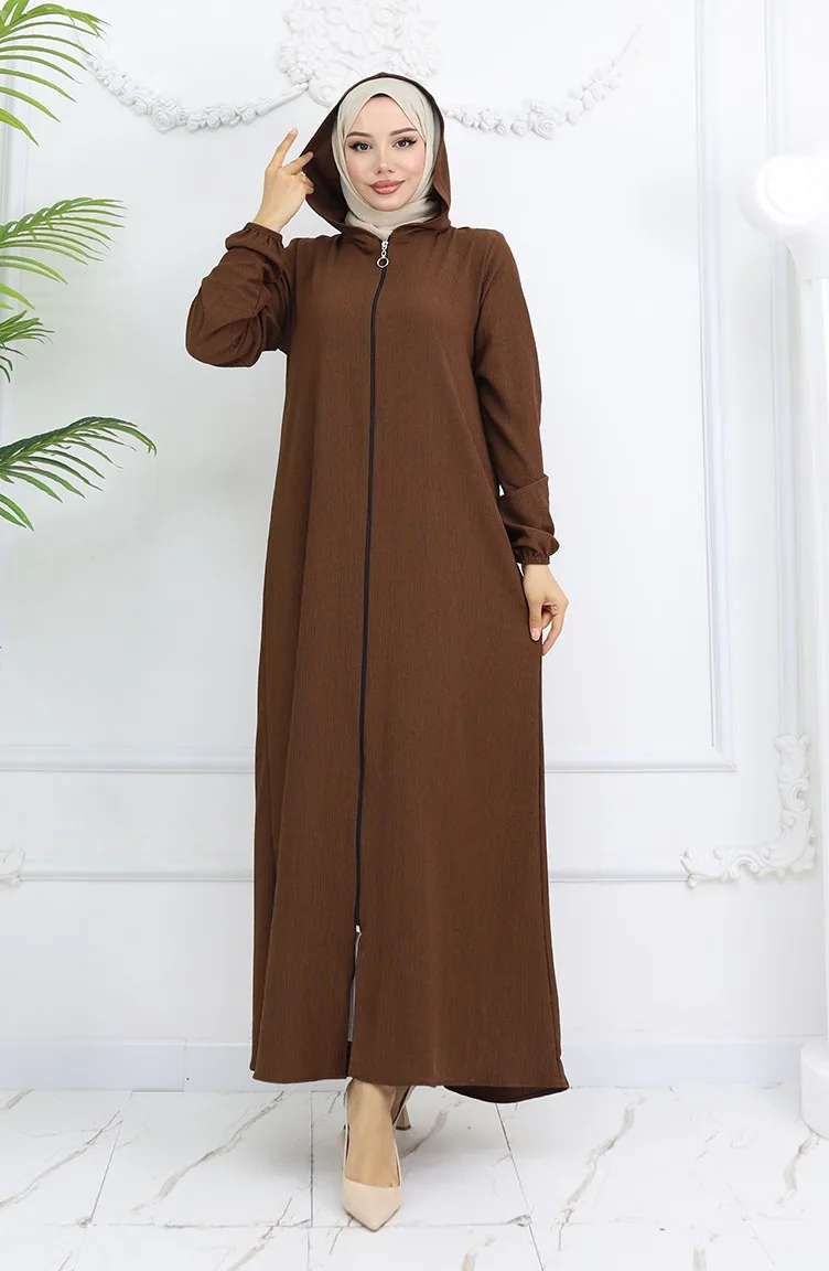 Abaya à Capuche En Tissu Crêpe 1029-06 Marron 1029-06