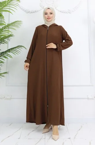 Abaya à Capuche En Tissu Crêpe 1029-06 Marron 1029-06