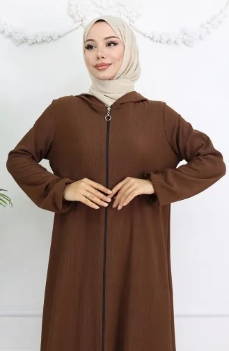 Abaya à Capuche En Tissu Crêpe 1029-06 Marron 1029-06