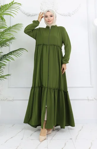 Abaya à Volants Et Fermeture éclair Intégrale 0024-02 Kaki 0024-02