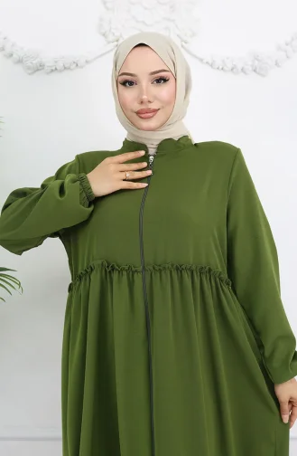 Abaya à Volants Et Fermeture éclair Intégrale 0024-02 Kaki 0024-02