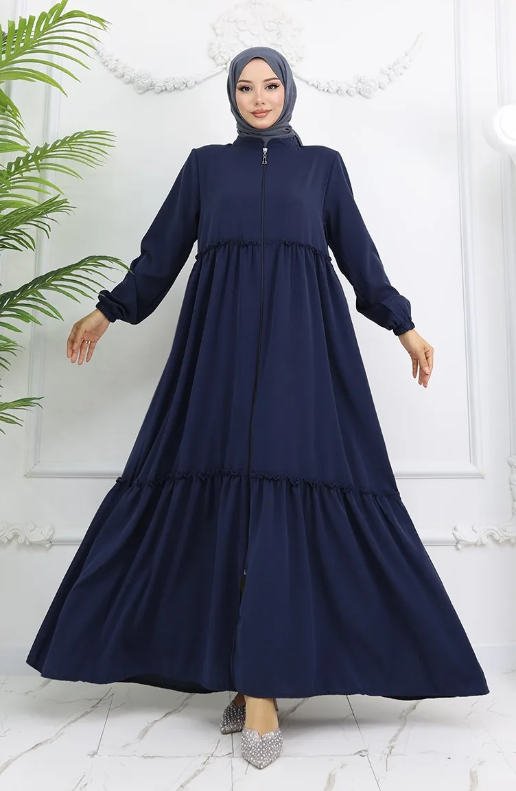 Abaya Zippée Avec Volants 0024-04 Bleu Marine 0024-04
