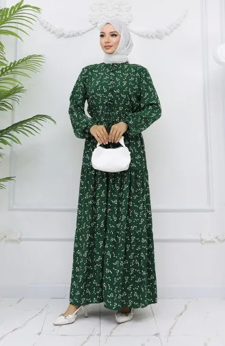 Half-Buttoned Floral Patterned Dress 0025-01 Emerald Green 0025-01