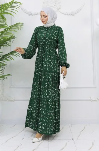 Half-Buttoned Floral Patterned Dress 0025-01 Emerald Green 0025-01