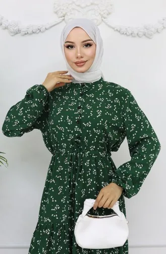 Half-Buttoned Floral Patterned Dress 0025-01 Emerald Green 0025-01