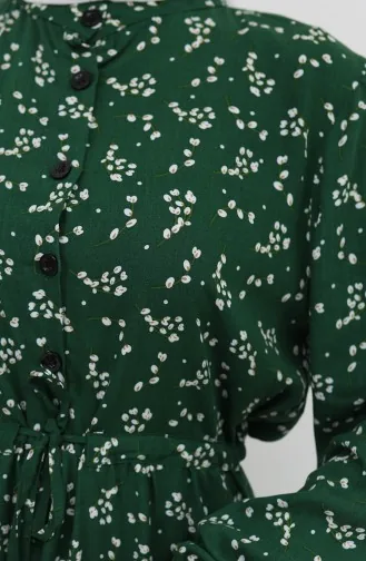 Half-Buttoned Floral Patterned Dress 0025-01 Emerald Green 0025-01