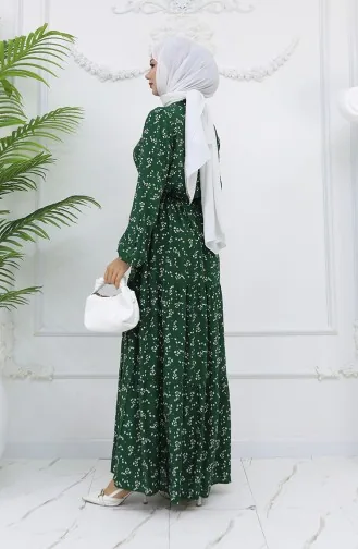 Half-Buttoned Floral Patterned Dress 0025-01 Emerald Green 0025-01