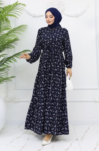 Yarım Düğmeli Çiçek Desenli Elbise 0025-02 Lacivert