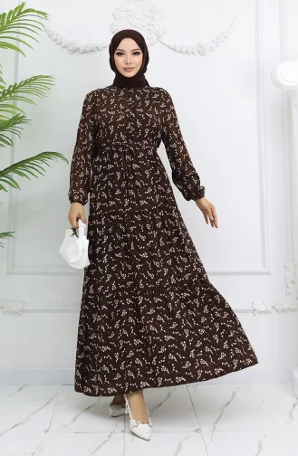 Halfgeknoopte Jurk Met Bloemenmotief 0025-04 Bruin 0025-04