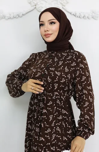 Halfgeknoopte Jurk Met Bloemenmotief 0025-04 Bruin 0025-04