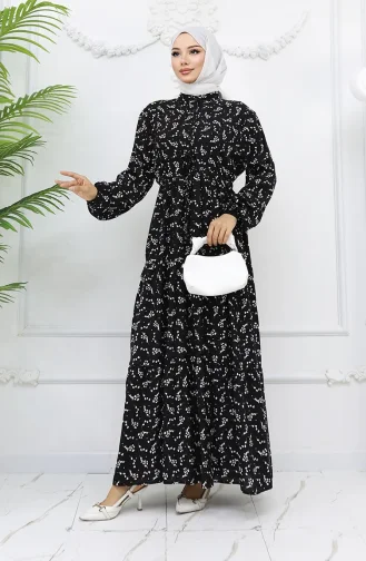 فستان منقوش بنصف أزرار باللون الأسود 0025-05 0025-05