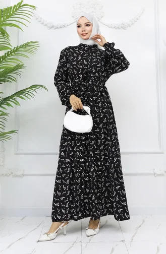 فستان منقوش بنصف أزرار باللون الأسود 0025-05 0025-05