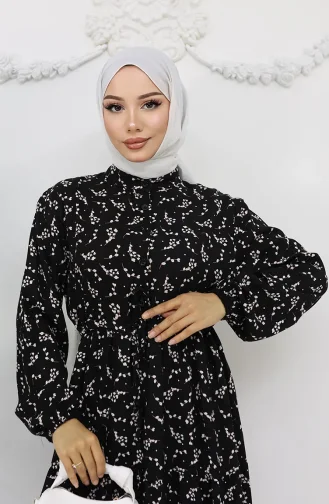 فستان منقوش بنصف أزرار باللون الأسود 0025-05 0025-05