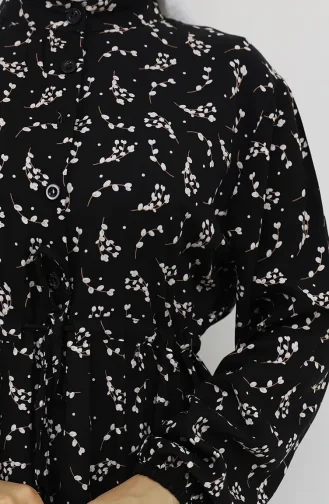 فستان منقوش بنصف أزرار باللون الأسود 0025-05 0025-05