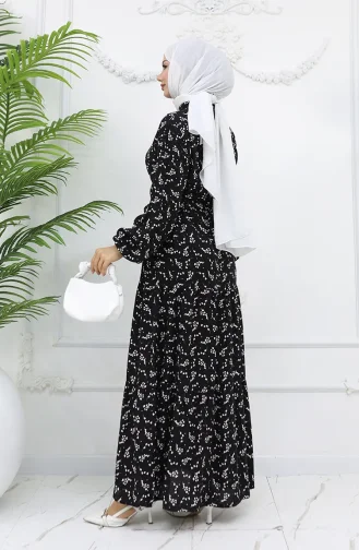فستان منقوش بنصف أزرار باللون الأسود 0025-05 0025-05