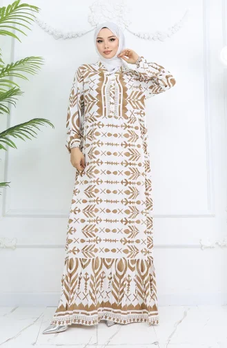 Yarım Düğmeli Viskon Desenli Elbise 0026-02 Kahverengi Beyaz