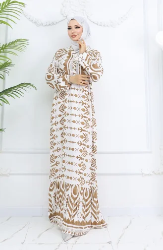 Yarım Düğmeli Viskon Desenli Elbise 0026-02 Kahverengi Beyaz
