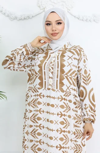 Yarım Düğmeli Viskon Desenli Elbise 0026-02 Kahverengi Beyaz
