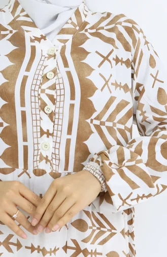 Yarım Düğmeli Viskon Desenli Elbise 0026-02 Kahverengi Beyaz