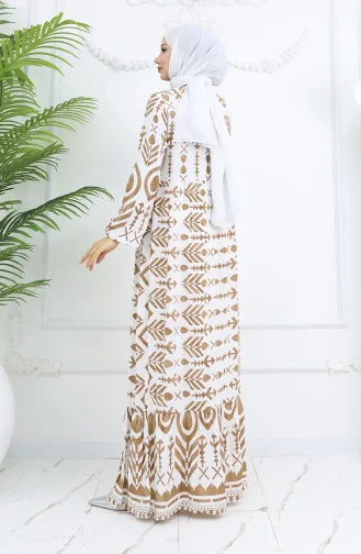 Yarım Düğmeli Viskon Desenli Elbise 0026-02 Kahverengi Beyaz