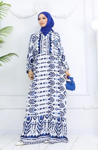 Yarım Düğmeli Viskon Desenli Elbise 0026-03 Lacivert Beyaz
