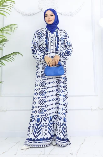 Yarım Düğmeli Viskon Desenli Elbise 0026-03 Lacivert Beyaz