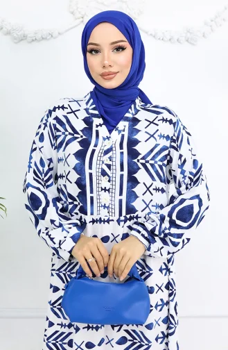 Yarım Düğmeli Viskon Desenli Elbise 0026-03 Lacivert Beyaz