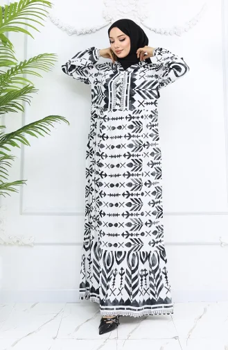 Halbgeknöpftes Viskose Kleid Mit Muster 0026-04 Schwarz Und Weiss 0026-04