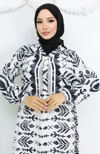 Halbgeknöpftes Viskose Kleid Mit Muster 0026-04 Schwarz Und Weiss 0026-04