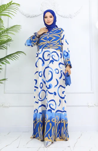 Yarım Düğmeli Viskon Desenli Elbise 0028-01 Saks Bej