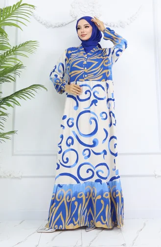 Yarım Düğmeli Viskon Desenli Elbise 0028-01 Saks Bej