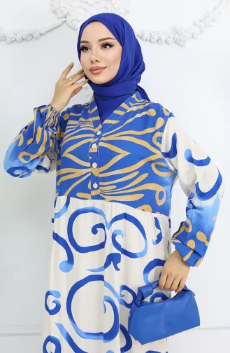 Yarım Düğmeli Viskon Desenli Elbise 0028-01 Saks Bej