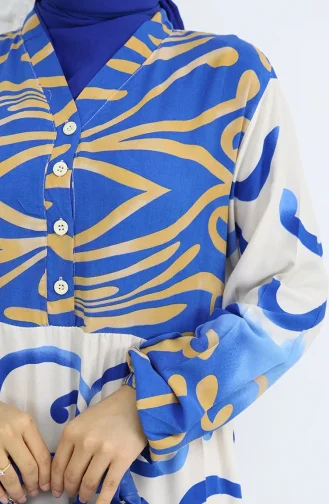 Yarım Düğmeli Viskon Desenli Elbise 0028-01 Saks Bej